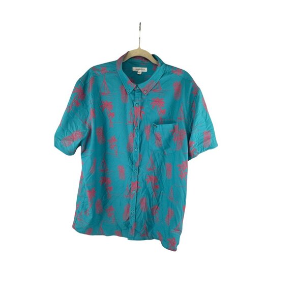 Vintage Summer Hawaiian Shirt XL Teal Pink Palm Tree Pineapple Aloha - Picture 1 of 8